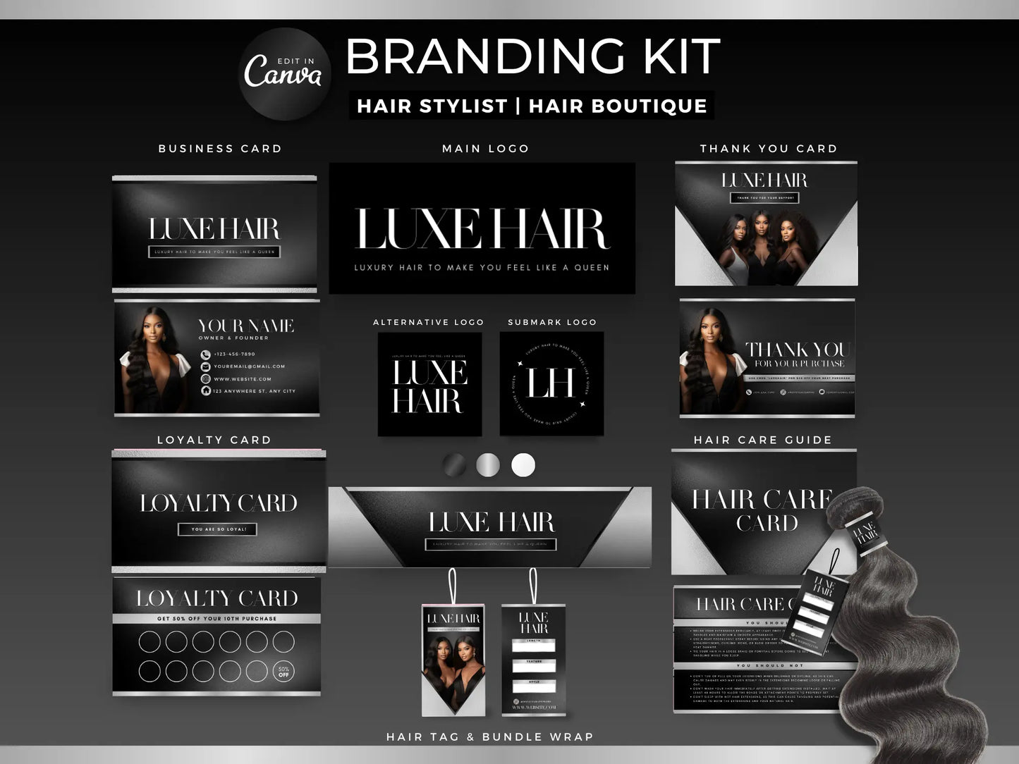 Black & Silver Luxury Hair Branding Kit - Shaima Studio