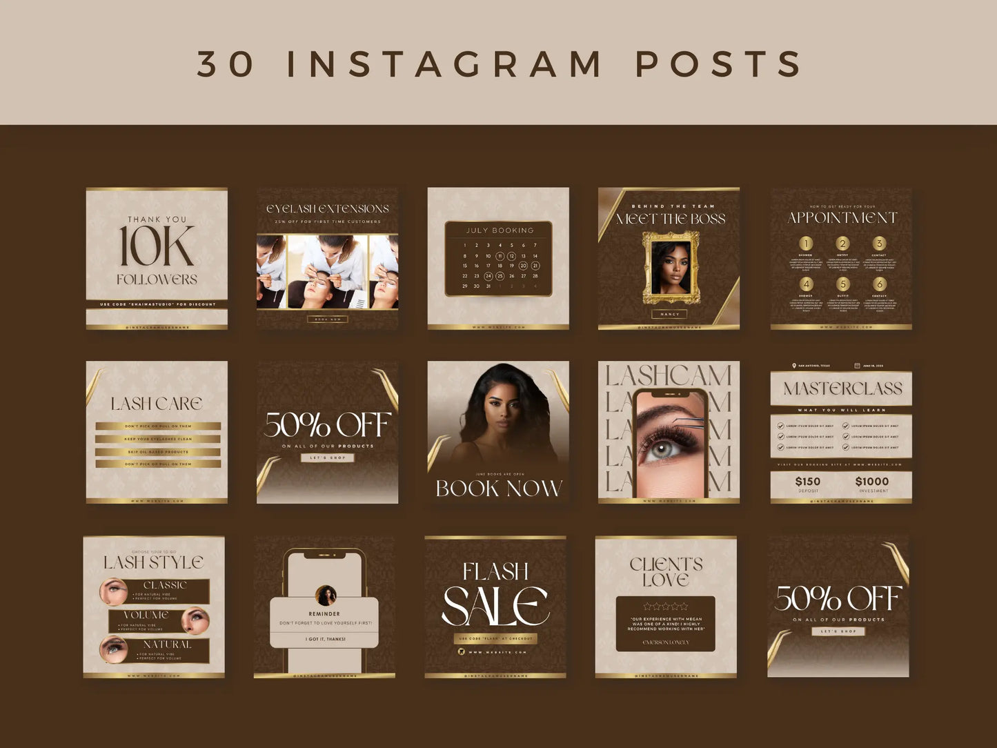 Gold & Brown Lash Tech Instagram Kit - Shaima Studio