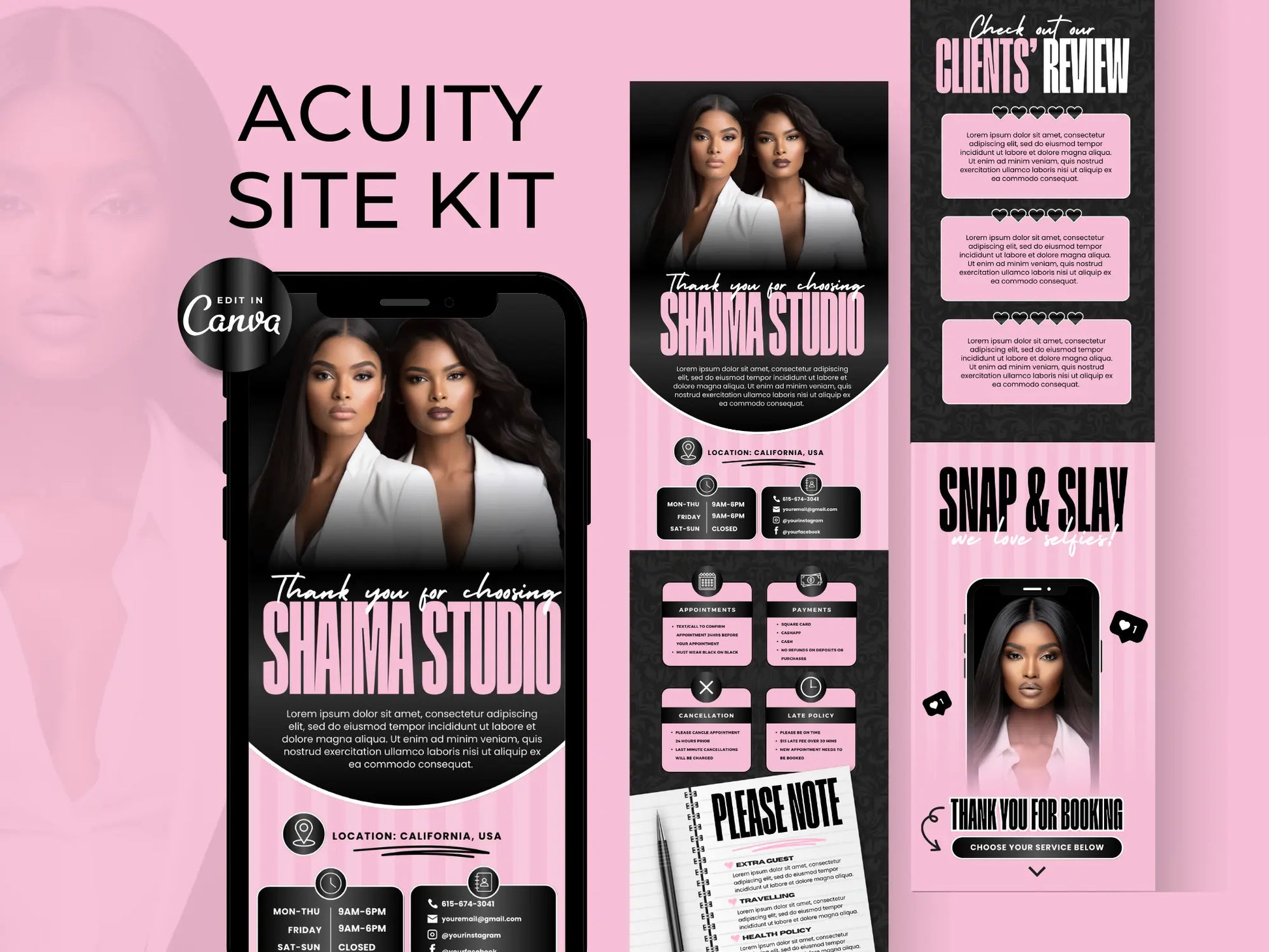 Pink & Black Feminine Acuity Scheduling Site Template - Shaima Studio