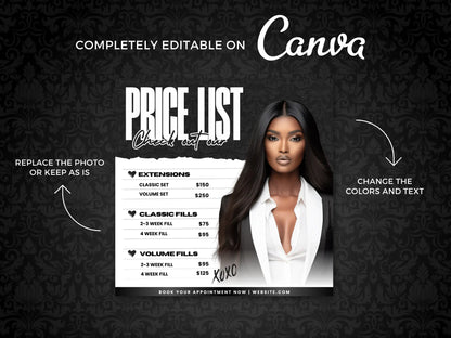 Editable Black lash price list Canva template