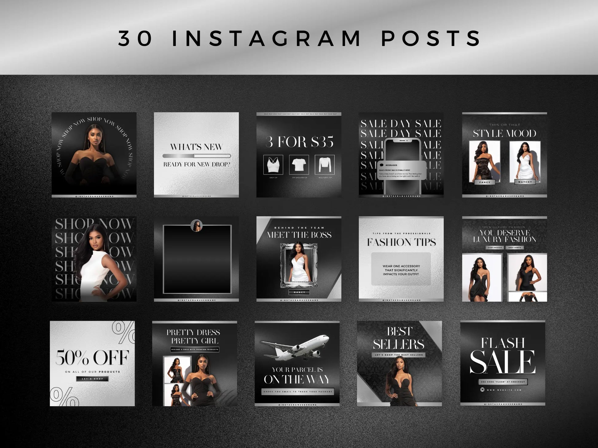 30 Black & Silver Fashion Instagram Kit instagram posts