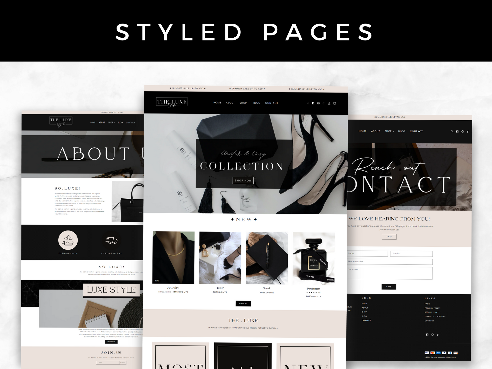 black & white Shopify theme styled pages