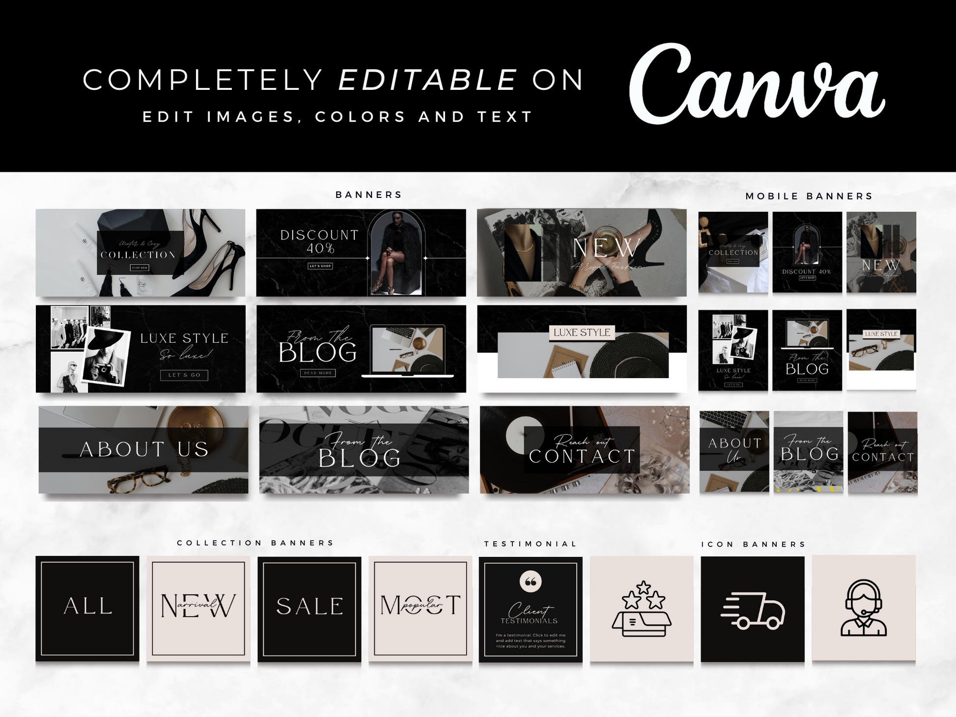 black & white Shopify theme editable on Canva