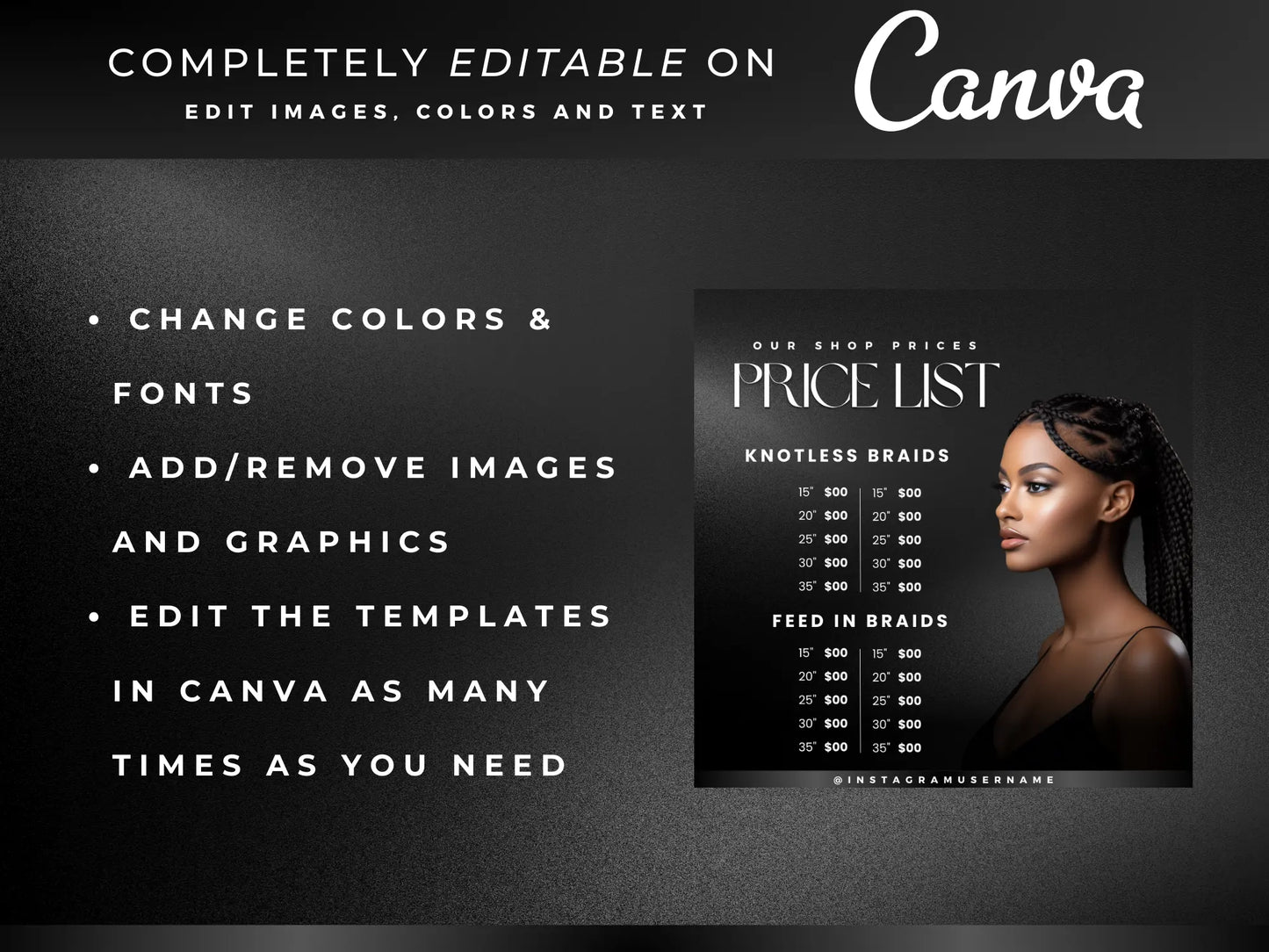 Black Braiding Instagram Kit editable on canva