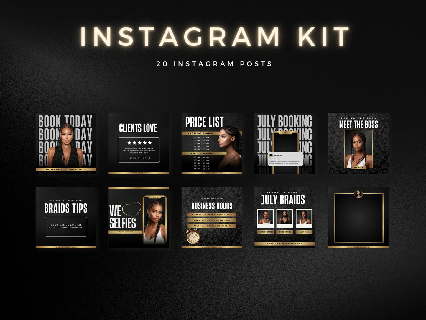 Black & Gold Braiding Instagram Kit 20 posts