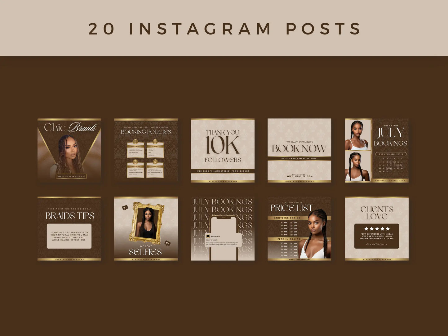 Brown Gold Braiding Instagram Kit 20 posts