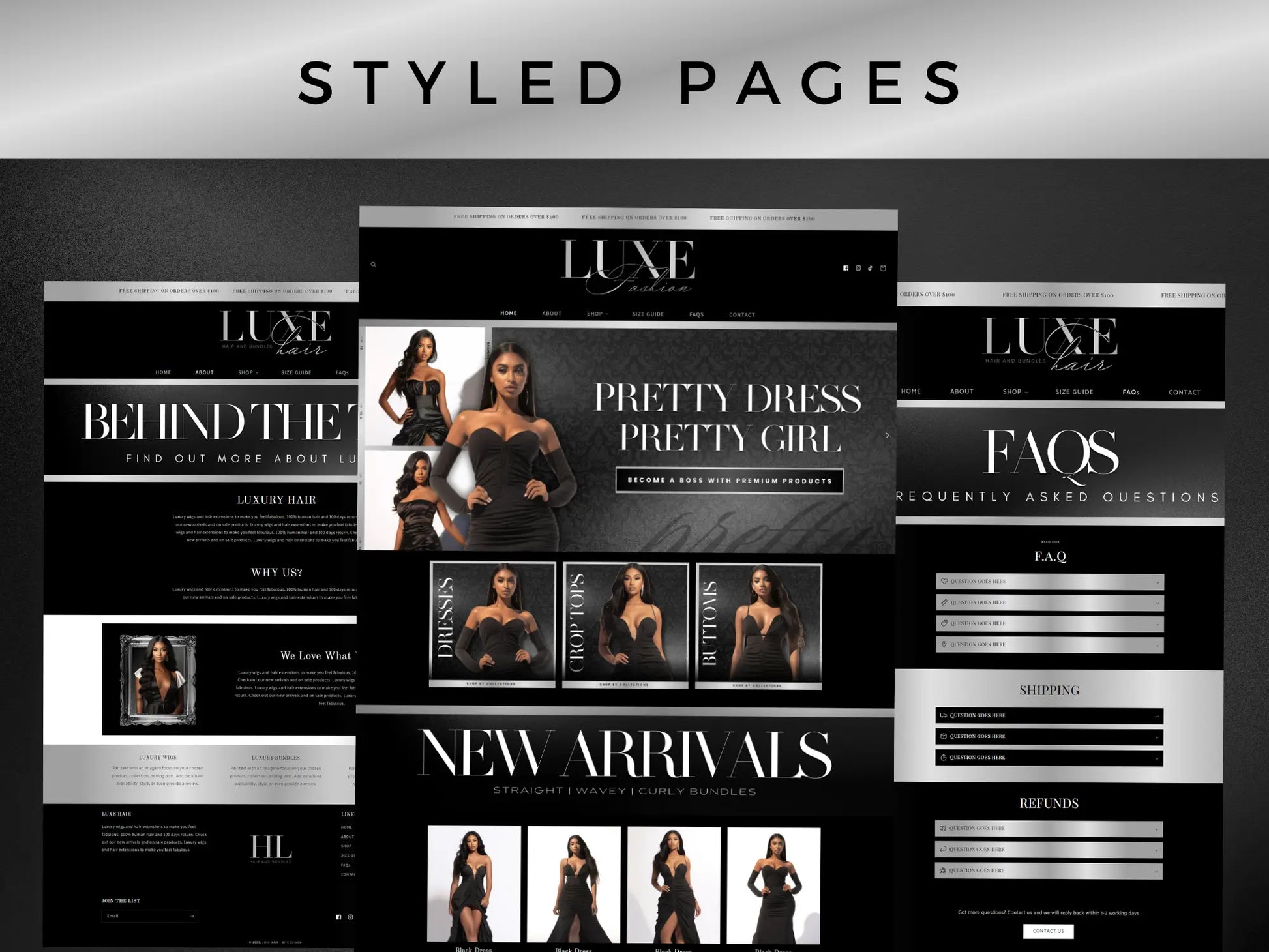 Luxury black silver hair styled pages