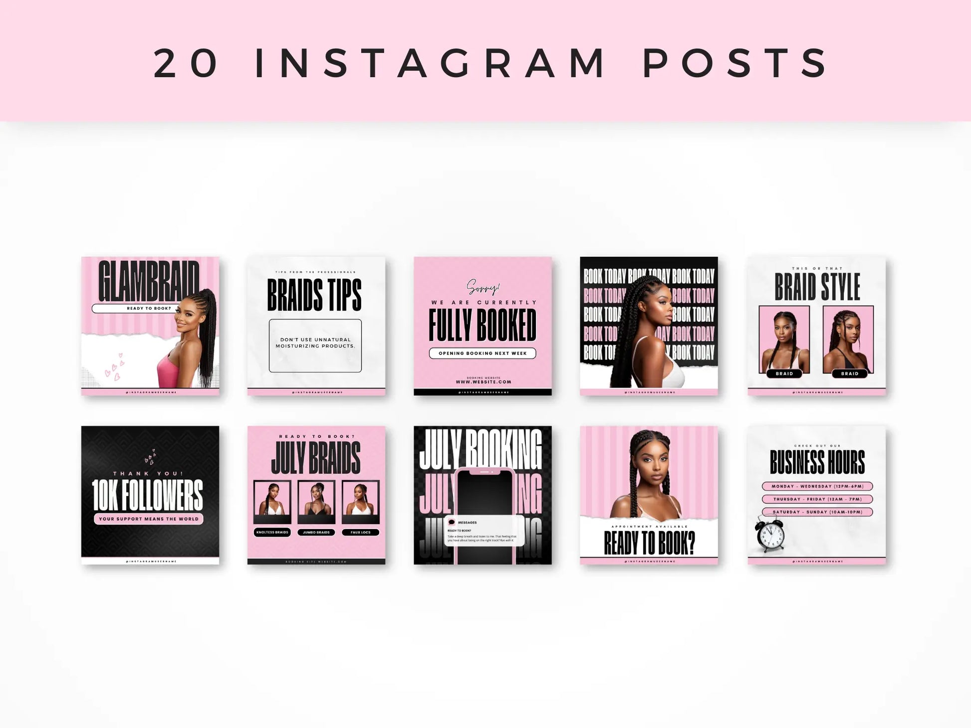 Pink Braiding Instagram Kit 20 instagram posts