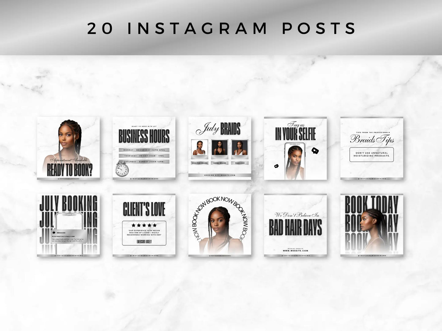 Silver White Braiding Instagram Kit 20 instagram posts