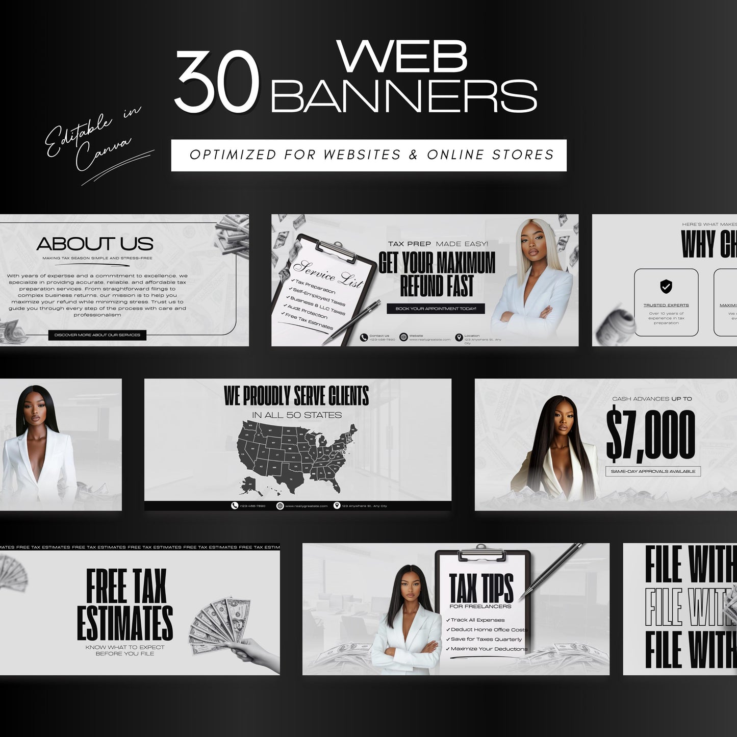 60 Tax Prep Banners | Accountant Templates | Corporate Business Website Banners | Credit Repair | Tax Consultation Banner | Shopify | Wix