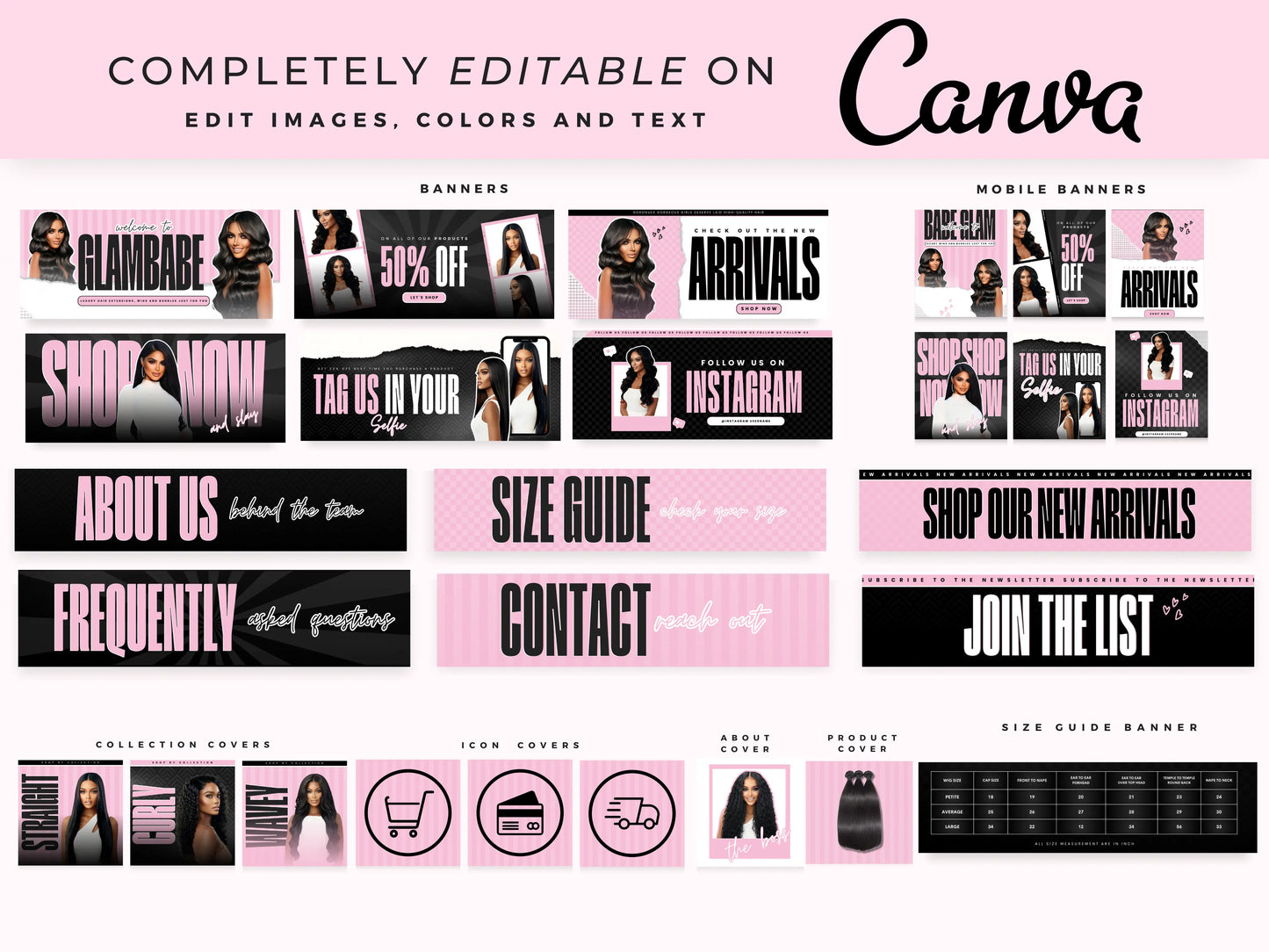 Pink Feminine Hair Salon Shopify Theme editable on canva