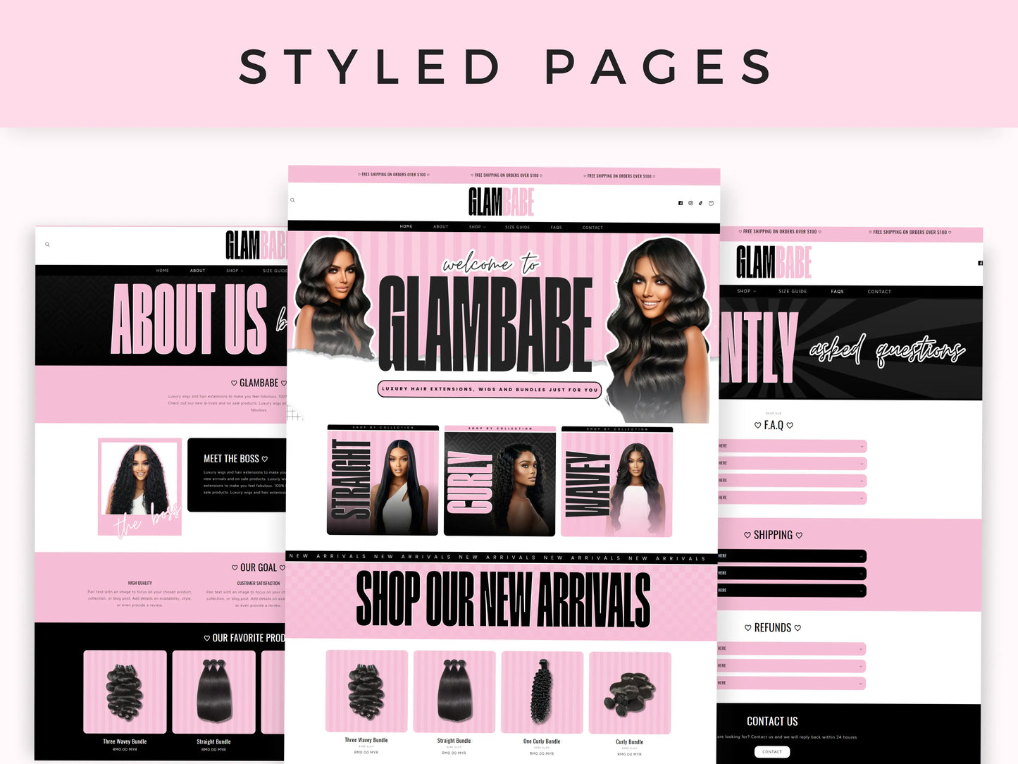 Pink Feminine Hair Salon Shopify Theme styled pages